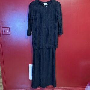 Vintage Anthony Richards Black Crinkle 2 Piece Set Maxi Skirt Tunic Top Size 12